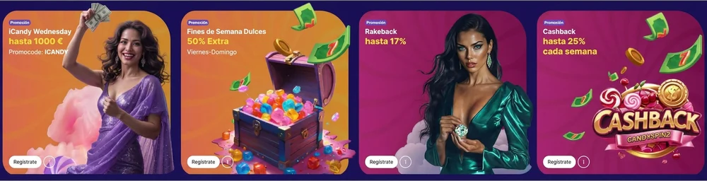 Tablero promocional del casino Candy Spinz con varios bonos de depósito y recarga.